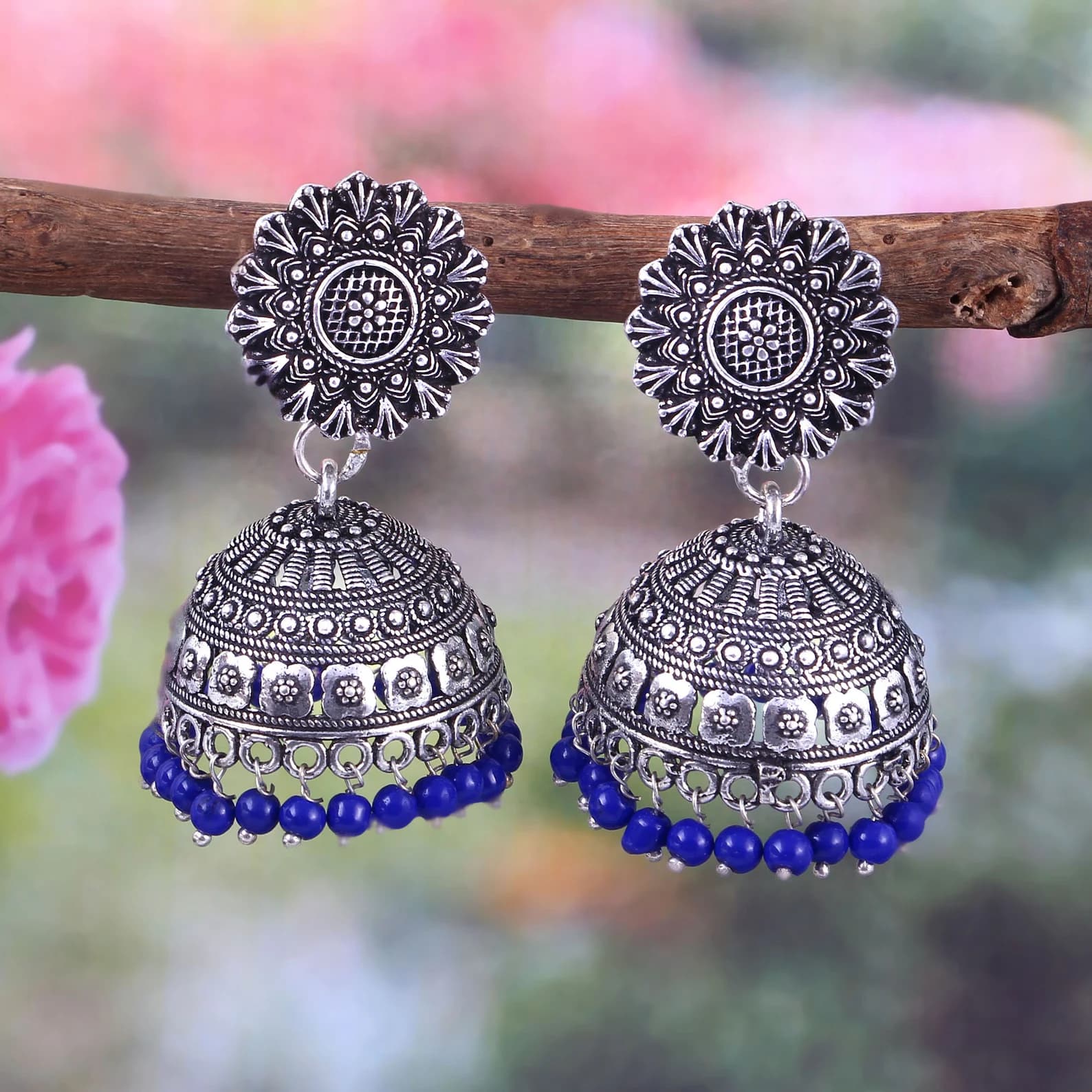 Oxidized Silver Plated Jhumka Earrings: Blue Beaded Bollywood Jewelry
